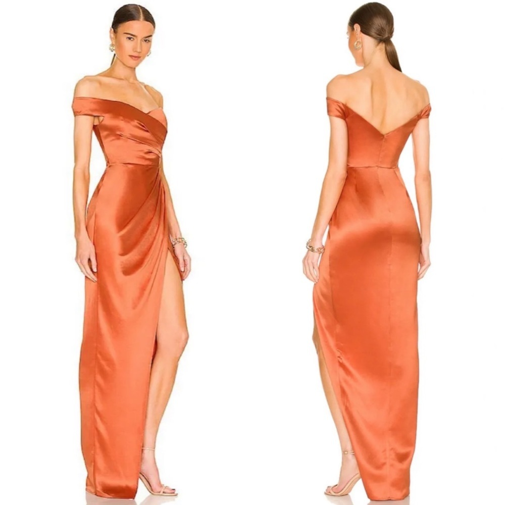 Sau Lee Gwyneth Off the Shoulder Gown Satin Maxi Dress Copper size 2 NEW w/ tags - Picture 16 of 16
